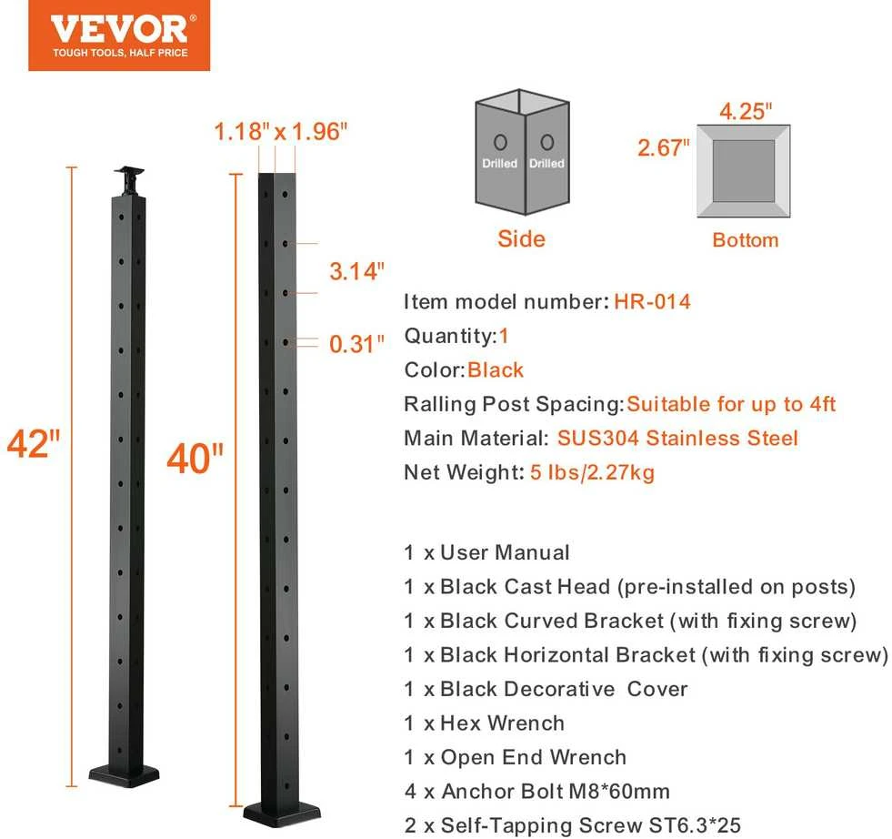 VEVOR Laiptų turėklų kampinis stulpas 107x2.5x5 cm juodas