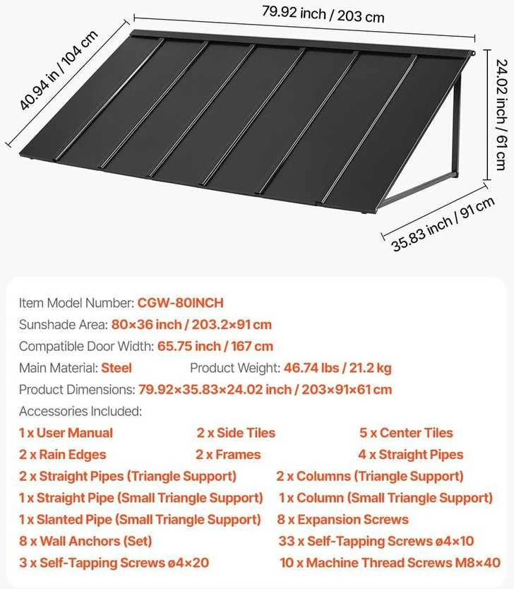 VEVOR Langų stoginė 203x91 cm lauko terasai