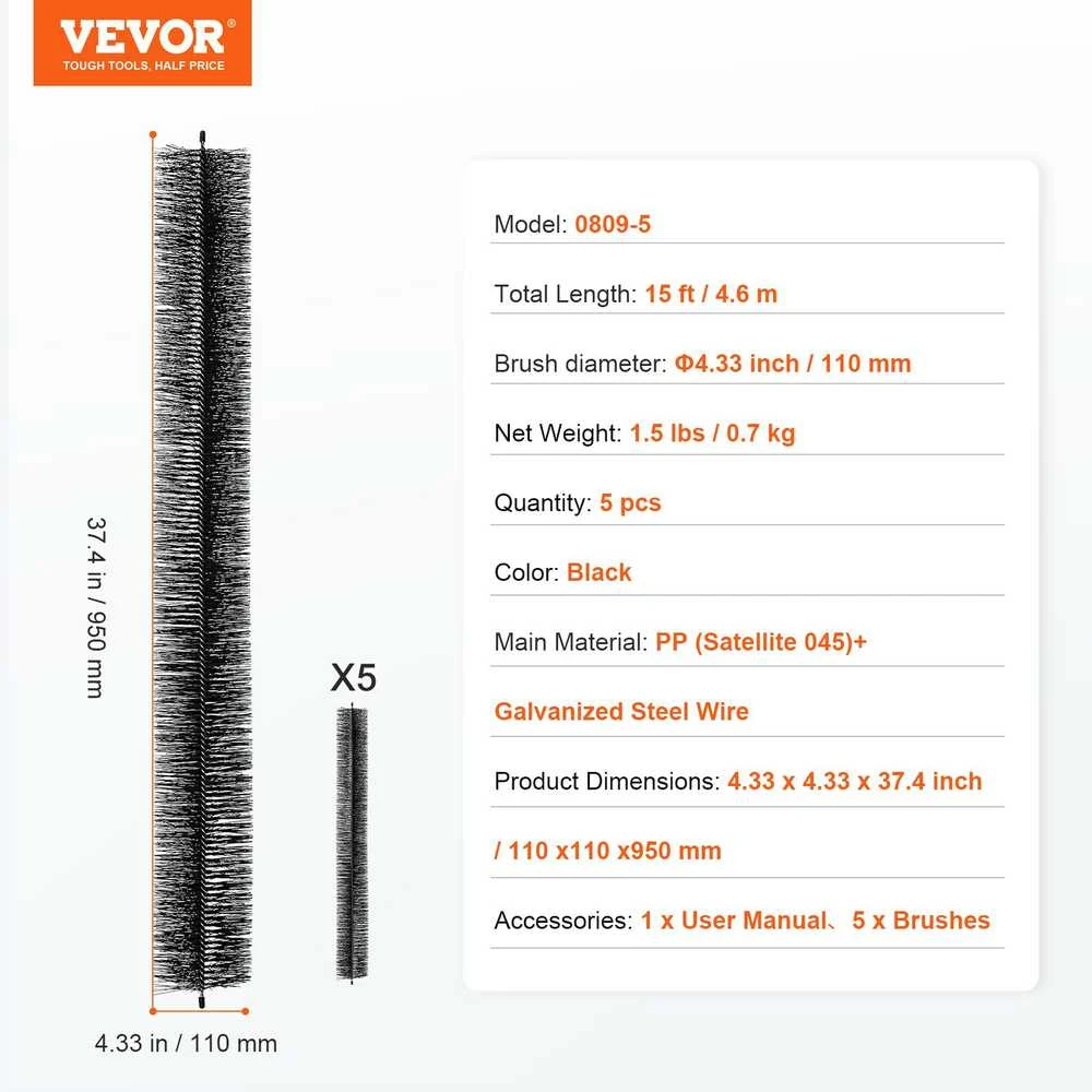 VEVOR 5 vnt. latakų šepetėlių sistema, 4,6 m ilgio, 110 mm skersmens