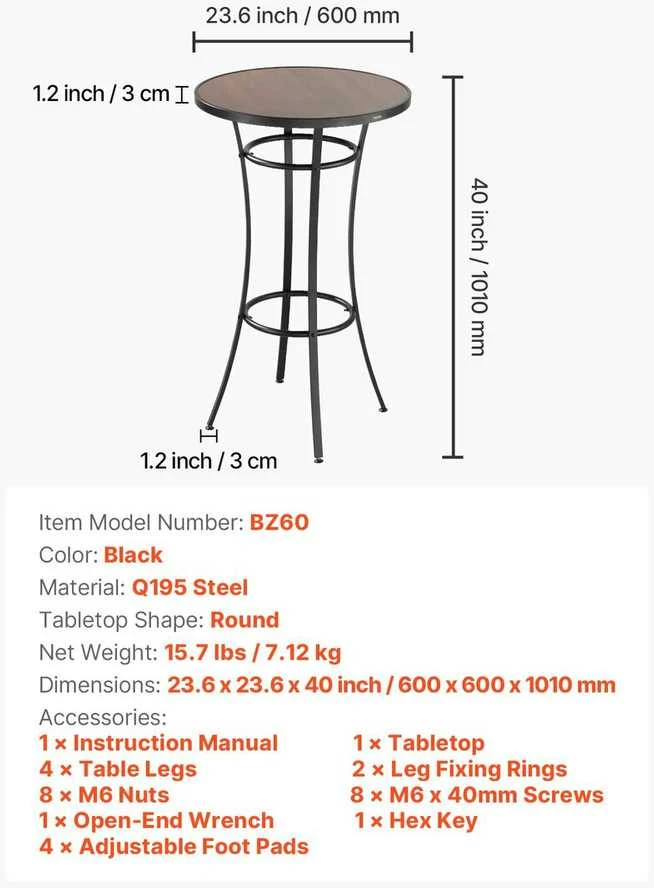 VEVOR lauko apvalus baro stalas, 60 cm aukščio