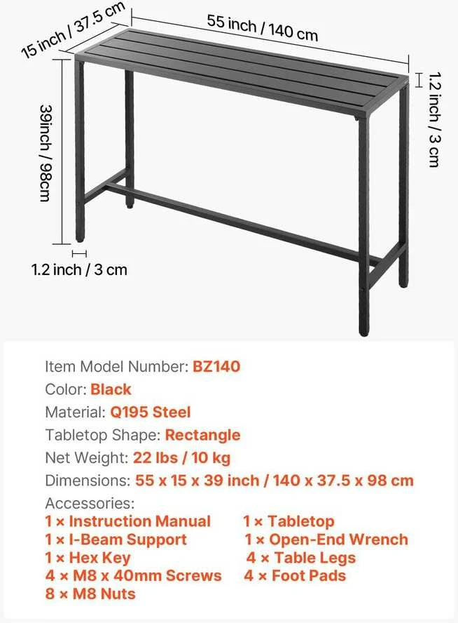 VEVOR Lauko baro stalas 140 x 37,5 cm