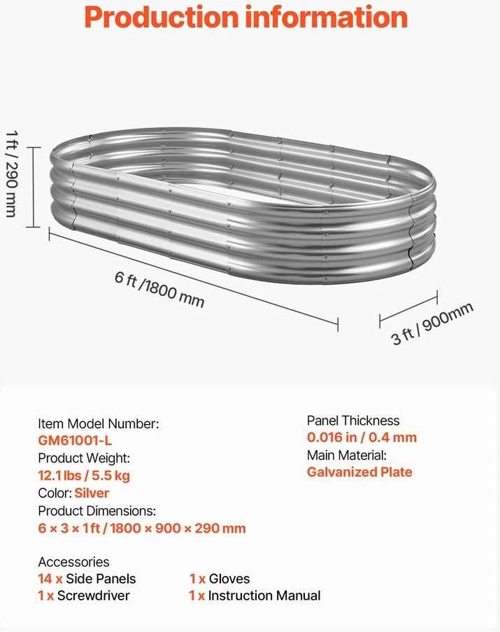 Vevor Cinkuota metalinė dėžė daržovėms 180x90x30cm