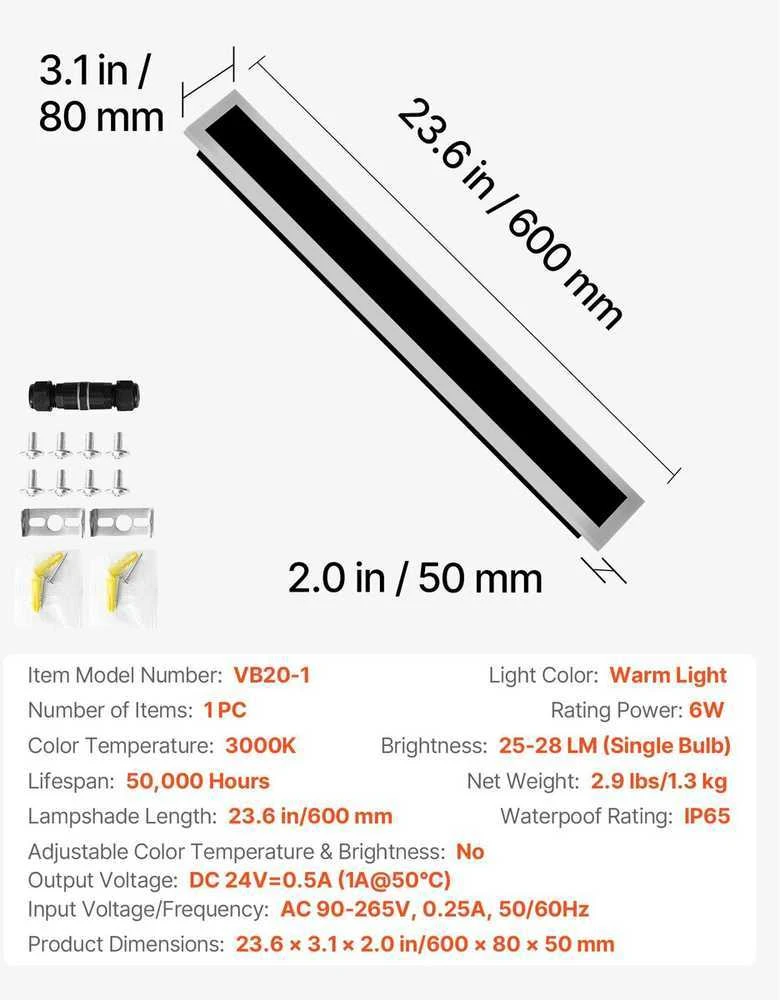 VEVOR Lauko sieninis šviestuvas, 600 mm, šiltai baltas