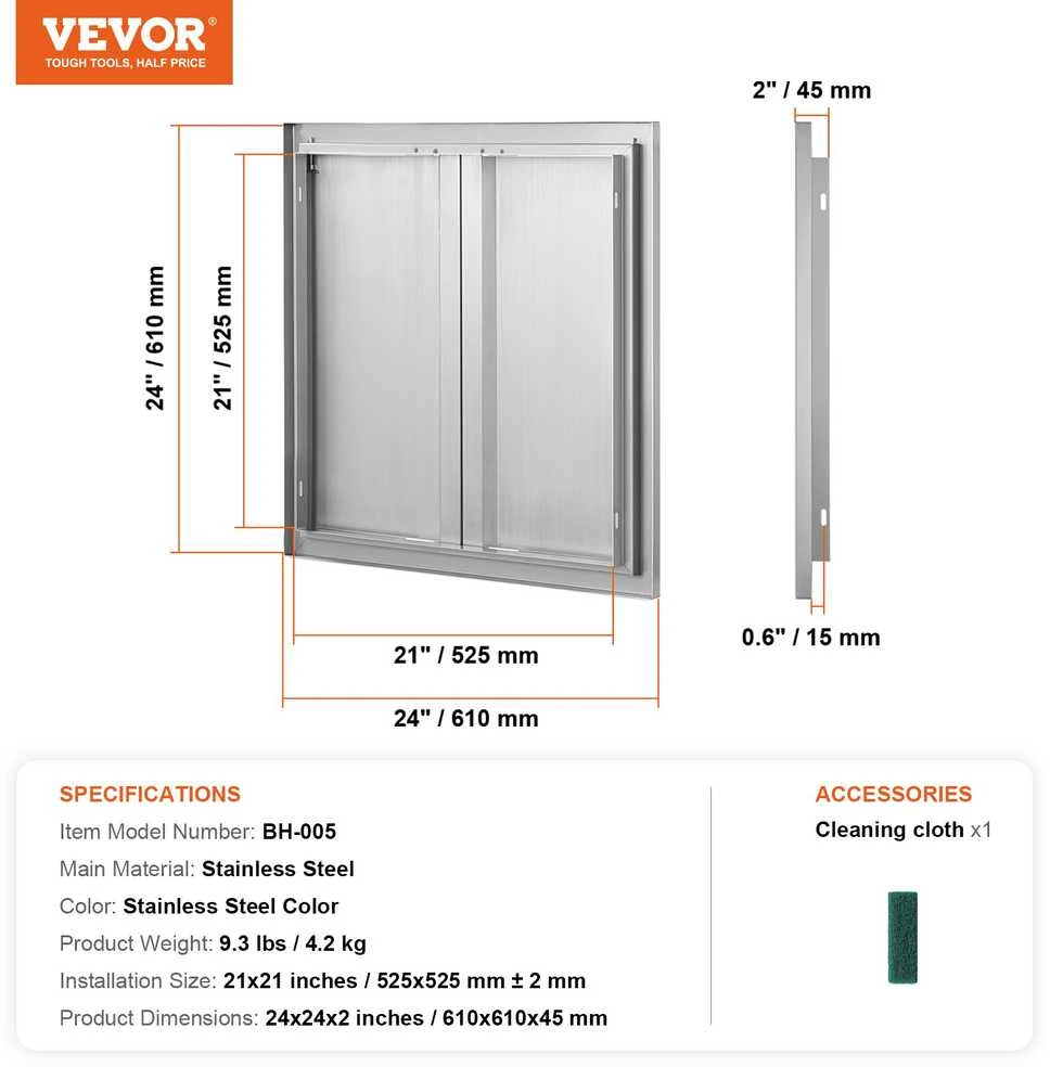 VEVOR Lauko virtuvės durys 610x610 mm, nerūdijančio plieno