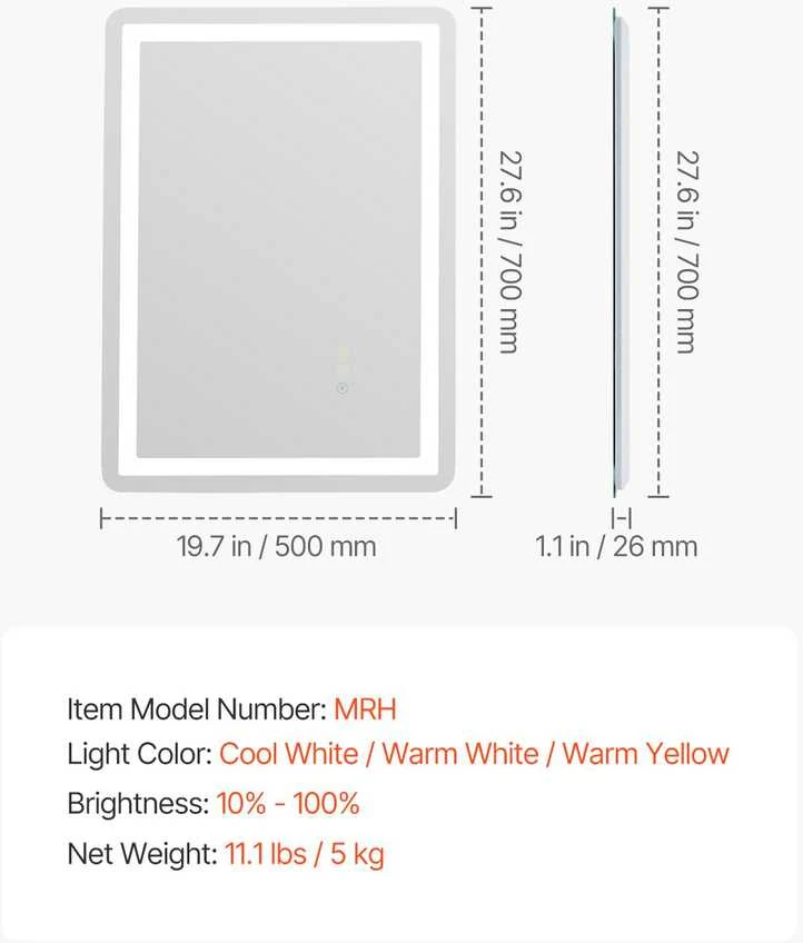 VEVOR LED vonios veidrodis su trimis spalvomis ir antirūko funkcija 50 x 70 cm