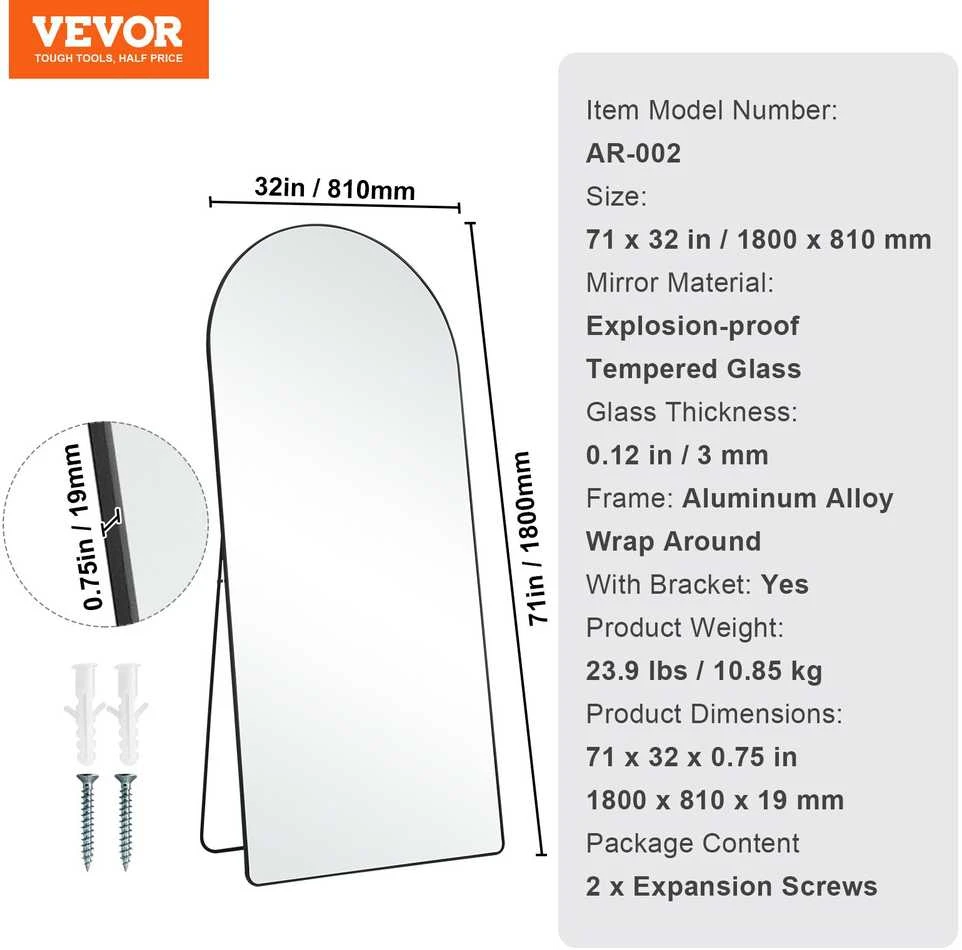 VEVOR Lenktas pilno ilgio veidrodis 180 x 81 cm