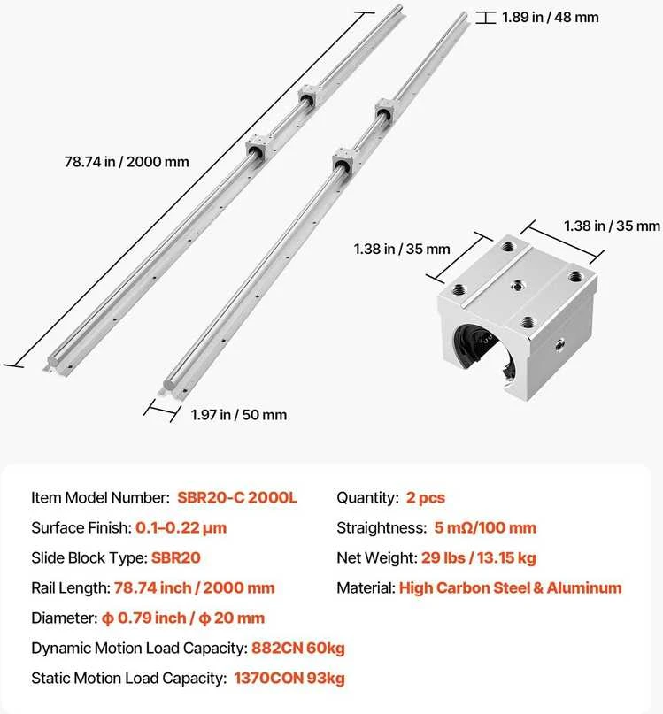 VEVOR Linearinis bėgelis SBR20 2000 mm, 4 guoliai