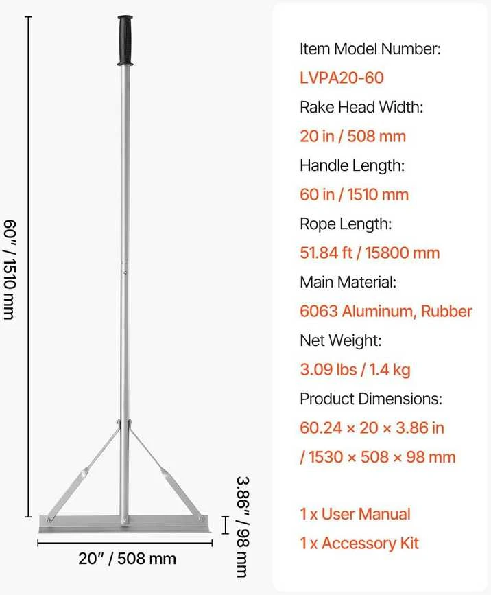 VEVOR lyginimo grėblys iš aliuminio 150 cm rankena