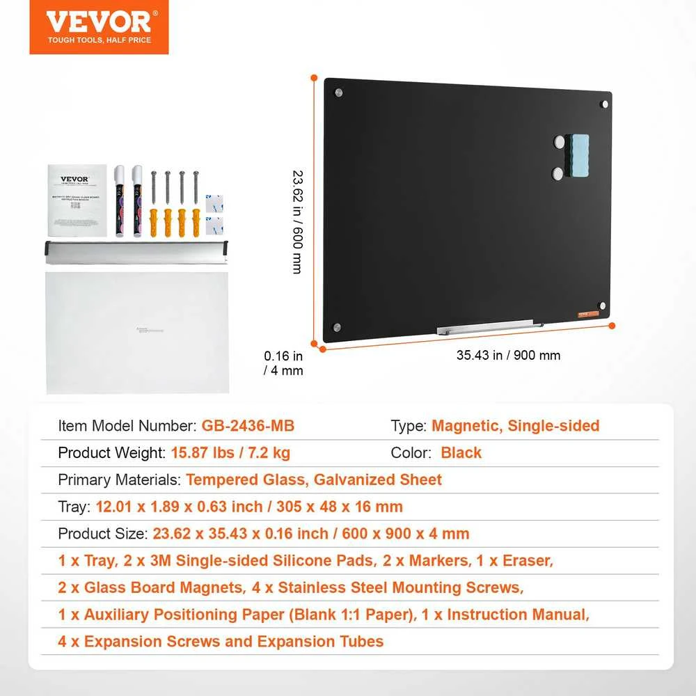 VEVOR Magnetinė stiklo lenta 60x90 cm, juoda