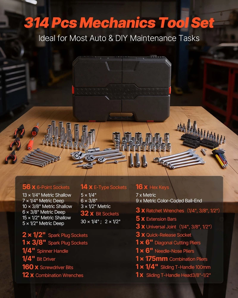 VEVOR Mechaniko įrankių rinkinys, 314 dalių