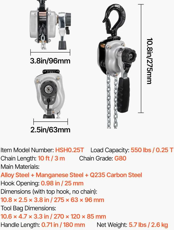 VEVOR Mechaninis svirtinis grandininis keltuvas 250 kg