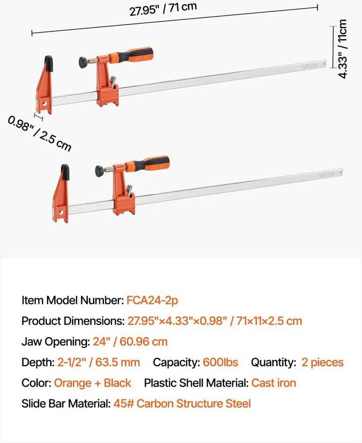 VEVOR Medienos spaustuvai 2 vnt. 61 cm fiksuojamas F spaustuvas