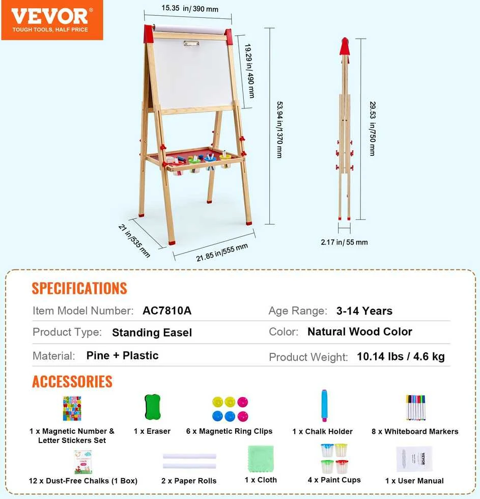 VEVOR Medinis 3-in-1 vaikiškas molbertas