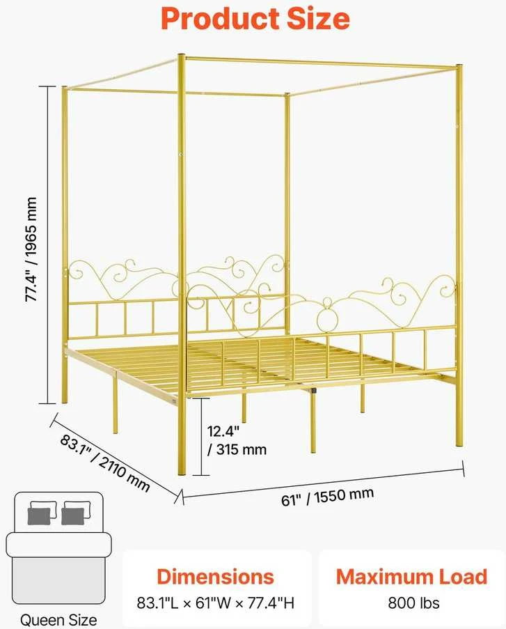 VEVOR Lovos rėmas su baldakimu 160x200, metalinė lova su galvūgaliu, moderni lova su užuolaidomis, dvigulė lova 160 cm, auksinė lova