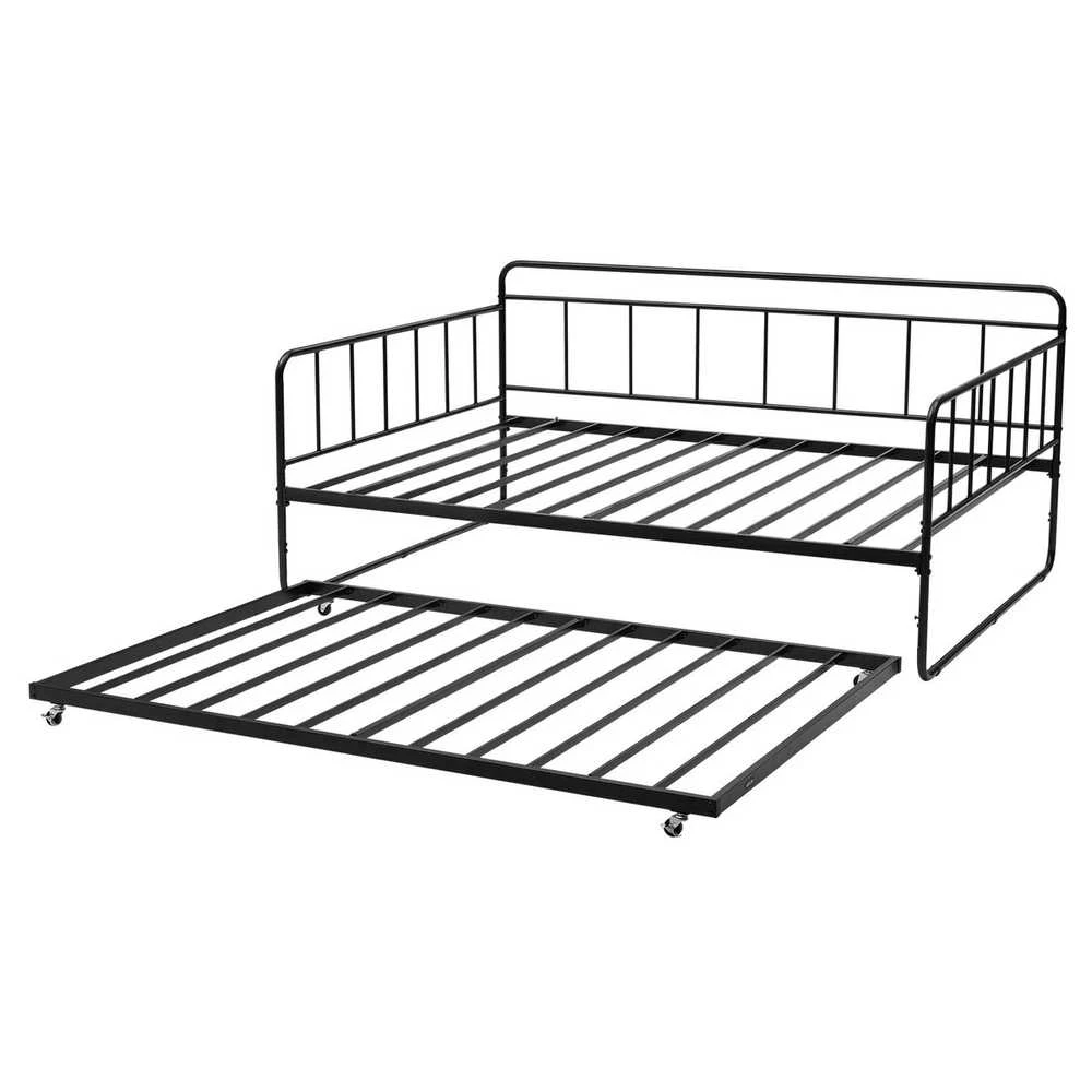 VEVOR Dvigulė metalinė lova su ištraukiama dalimi, 2in1 daugiafunkcinė sofa lova, juoda, svečių lova