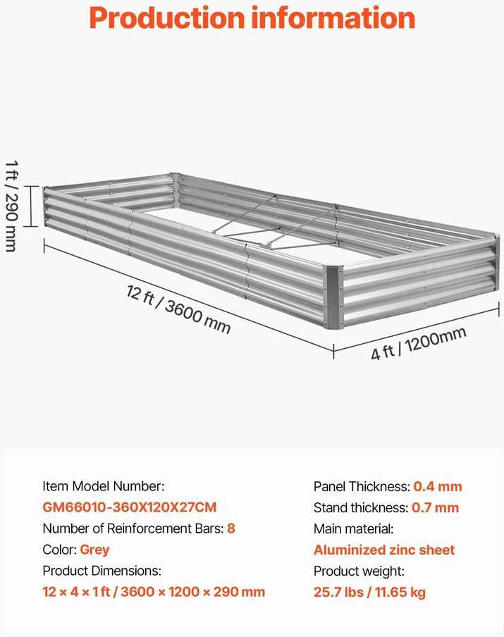 Vevor Metalinė daržovių lysvė 3605x1205x285mm sidabrinė