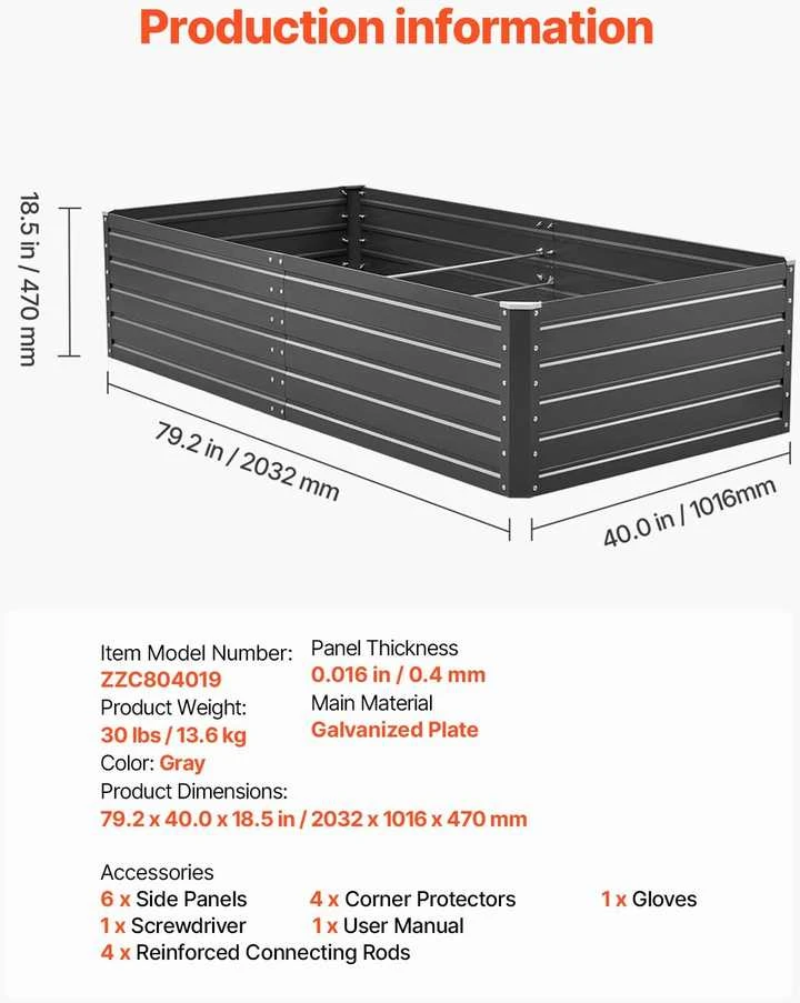 VEVOR Metalinė pakelta sodo lysvė, 2.0 x 1.0 x 0.5 m
