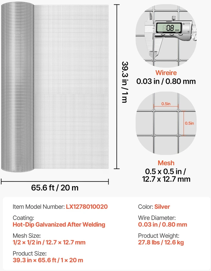 VEVOR Metalinio tinklo ritinys 12,7 mm 1 x 20 m