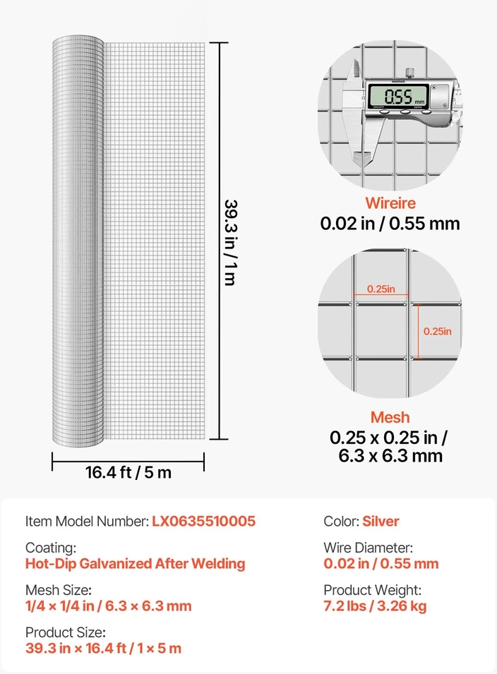 VEVOR Metalinio tinklo rulonas 6,3 mm, 1 x 5 m