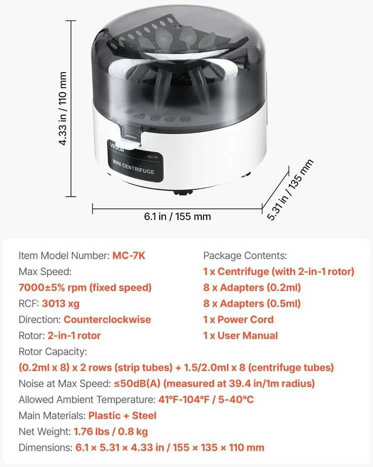 VEVOR Mini centrifuga 0.2/1.5/2 ml, 7000 aps./min.