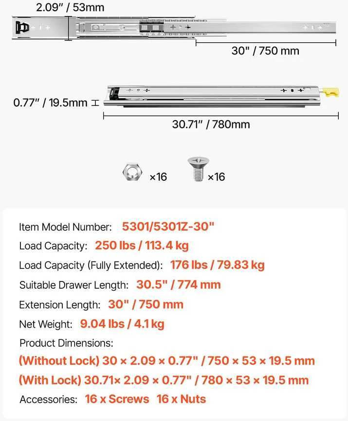 VEVOR Minkštai užsidarantys stalčių bėgeliai 16-60 cm