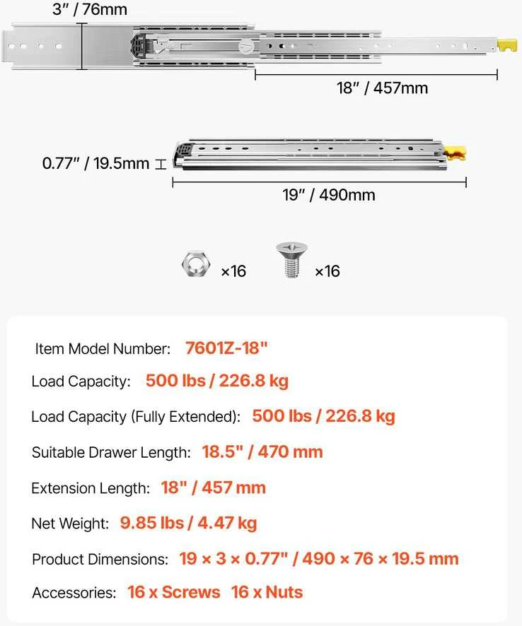 VEVOR Minkštas uždarymas stalčių bėgeliai 18-60 cm