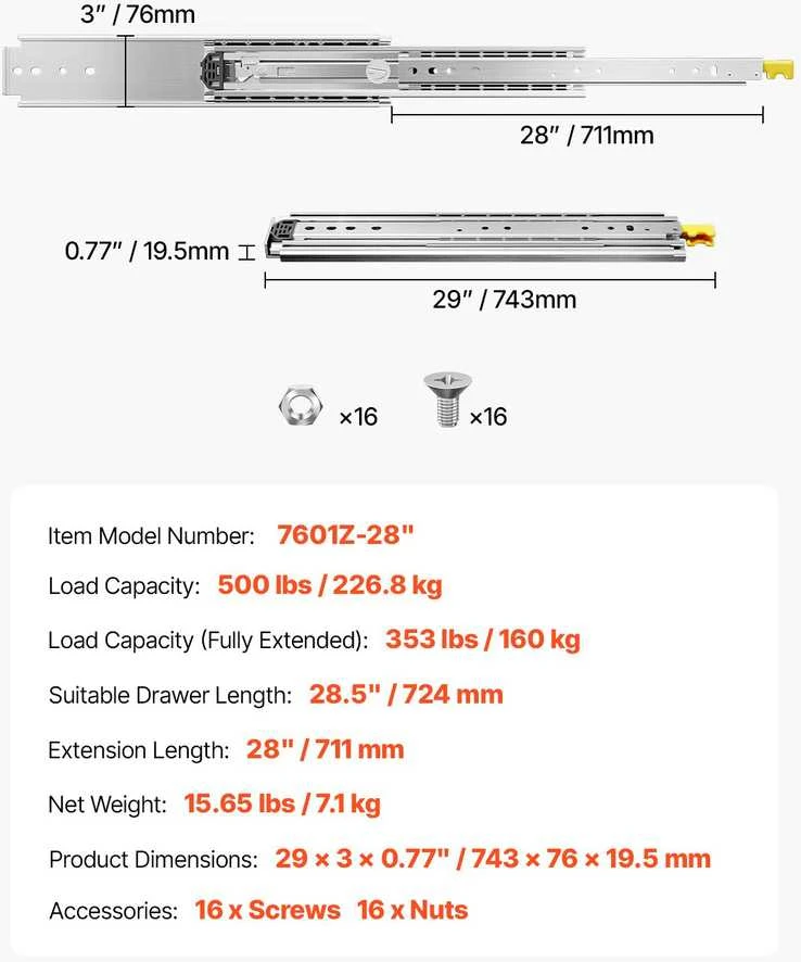 VEVOR Minkšti uždarymo stalčių bėgeliai, 46-152 cm