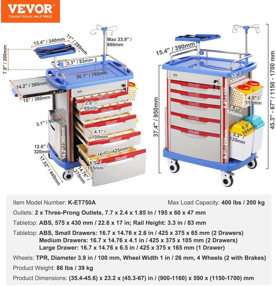 VEVOR Mobilus medicininis vežimėlis su 5 stalčiais ir 2 šiukšlių dėžėmis