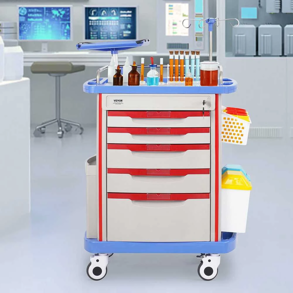 VEVOR Mobilus medicininis vežimėlis su 5 stalčiais ir 2 šiukšlių dėžėmis