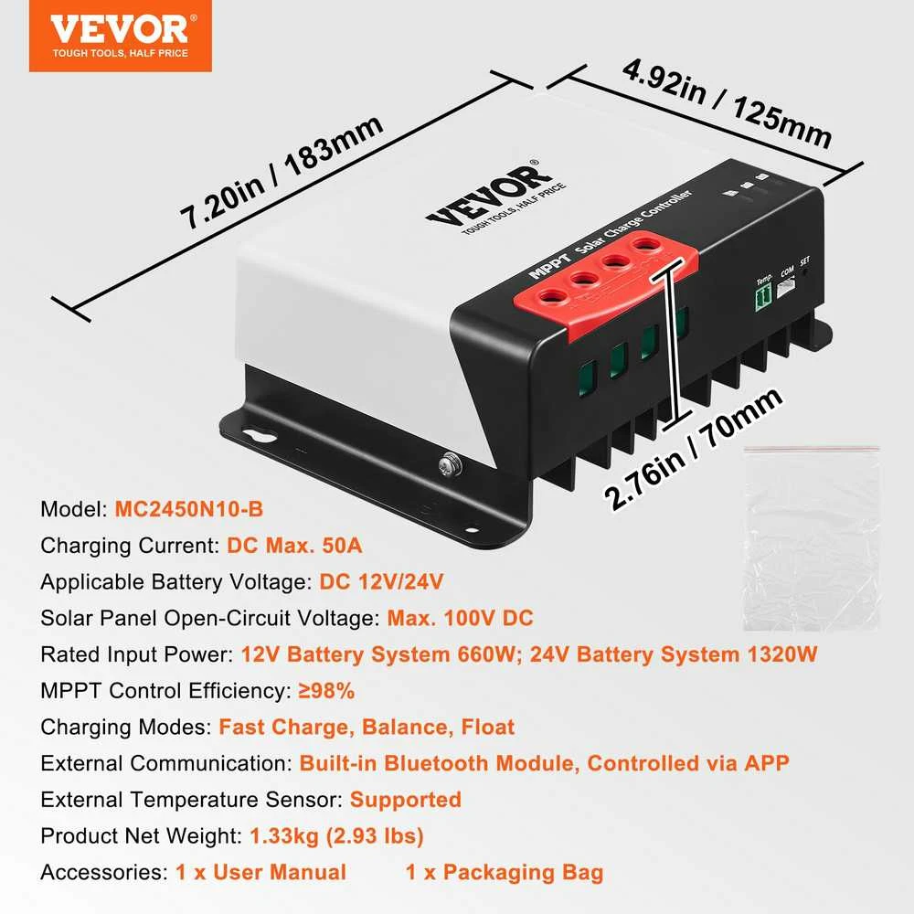 VEVOR MPPT saulės energijos valdiklis 50A su Bluetooth