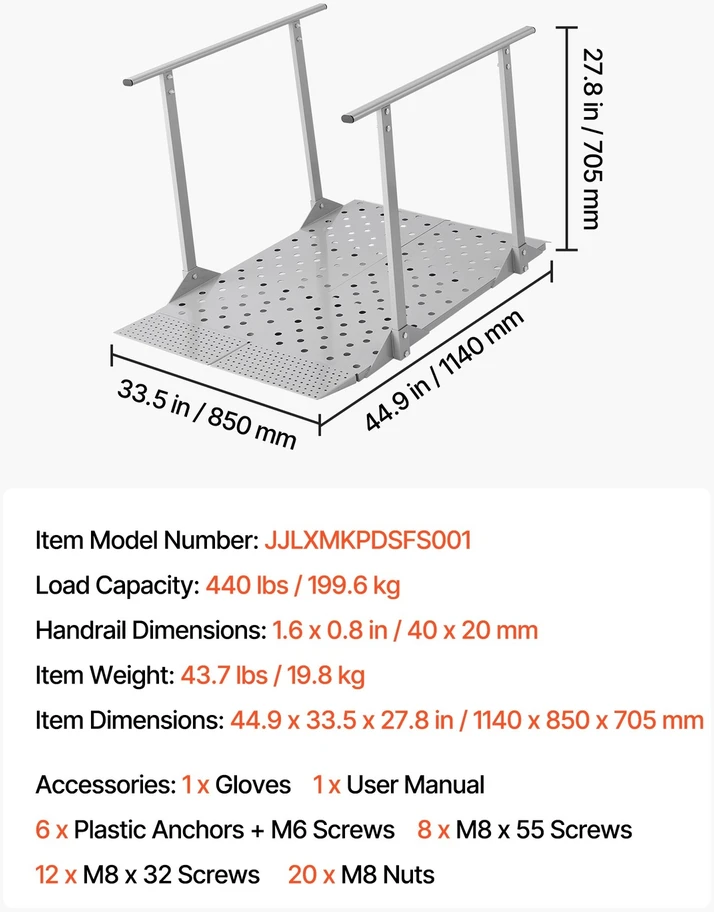 VEVOR Neįgaliojo vežimėlio rampa su turėklais 1140 x 850 mm
