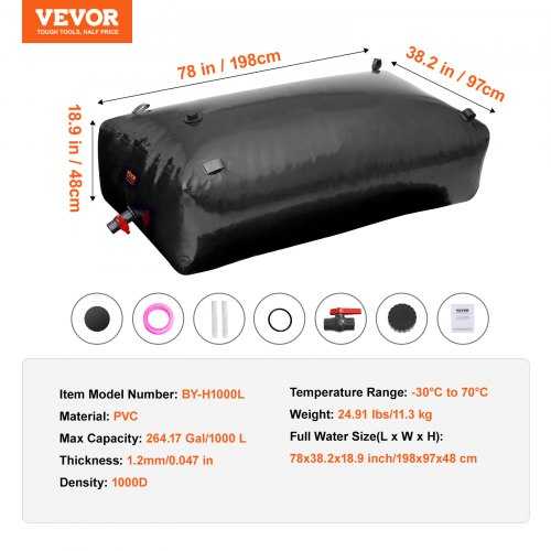 VEVOR Nešiojamas vandens laikymo bakas 1000L PVC