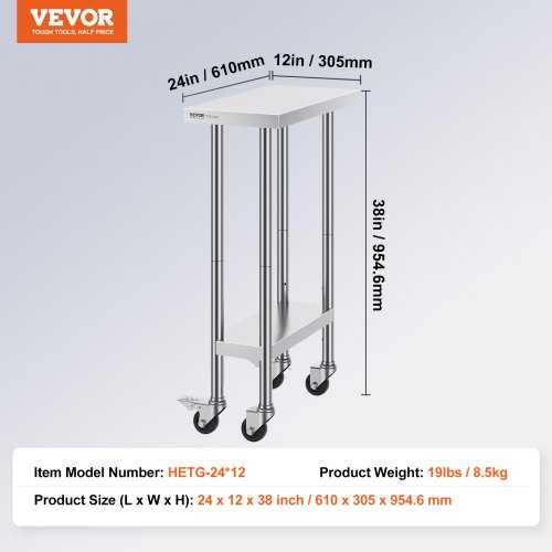 VEVOR Nerūdijančio plieno darbinis stalas 61x30cm su ratukais