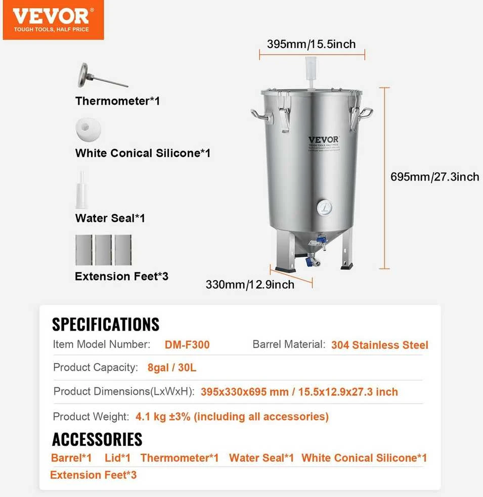 VEVOR Nerūdijančio plieno 30L alaus fermentatorius