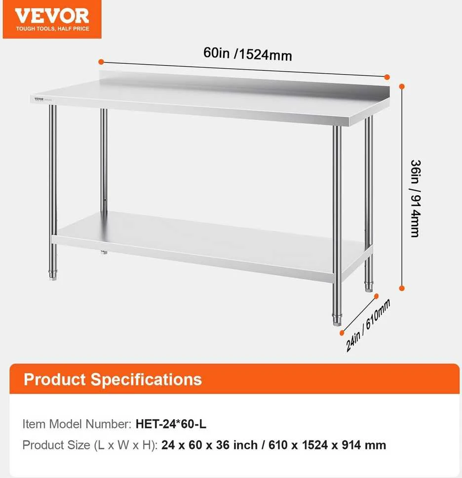 VEVOR Nerūdijančio plieno darbastalis virtuvei 61x152cm