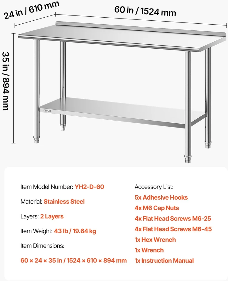 VEVOR Nerūdijančio plieno darbo stalas 61x152 cm