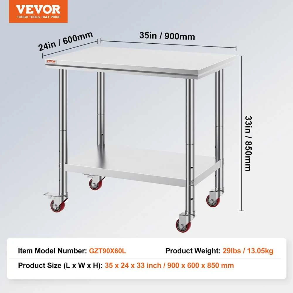 VEVOR Nerūdijančio plieno darbo stalas 92x61 cm su reguliuojama lentyna