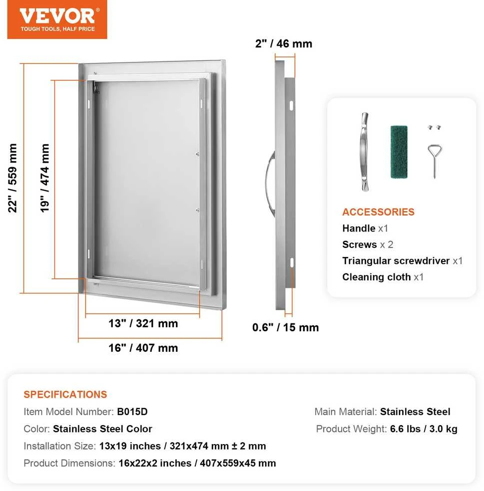 VEVOR Nerūdijančio plieno kepsninės durelės 407x559 mm
