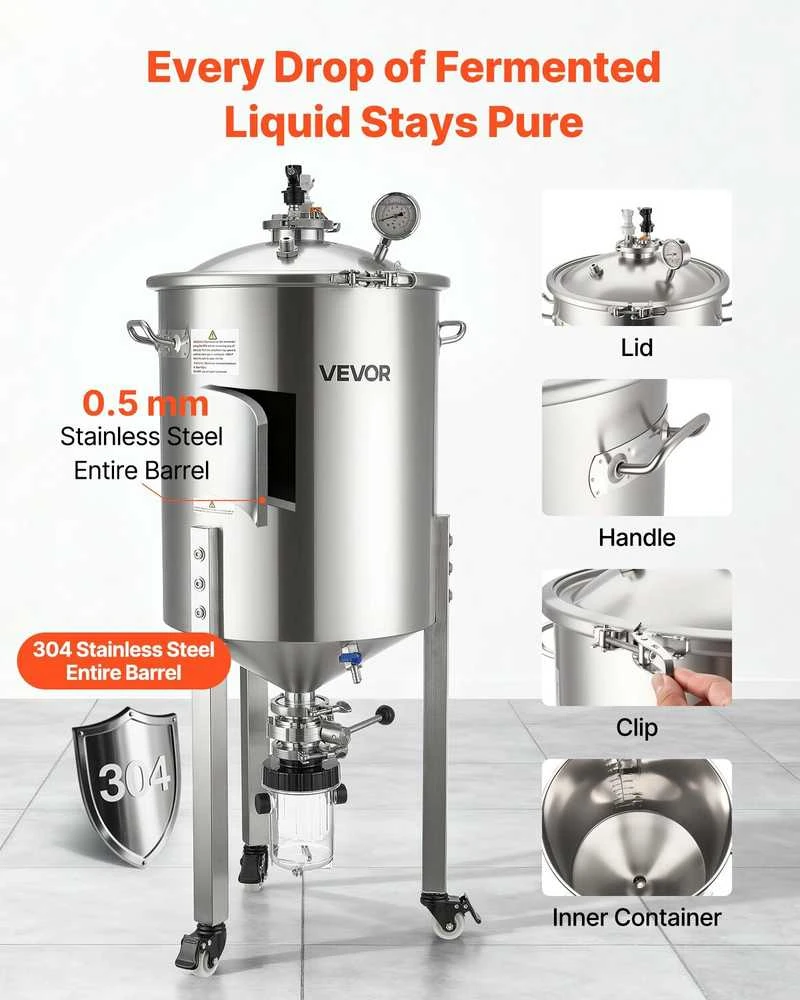 VEVOR Nerūdijančio plieno kūginis fermentatorius, 60 l