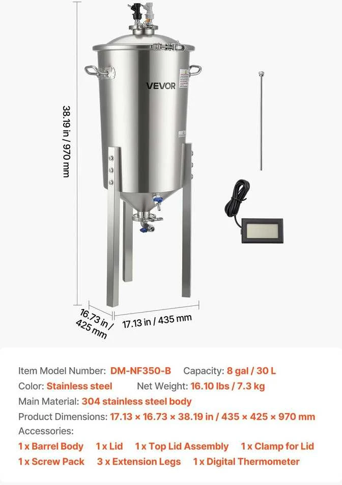 VEVOR Nerūdijančio plieno kūginis fermenteris 30L