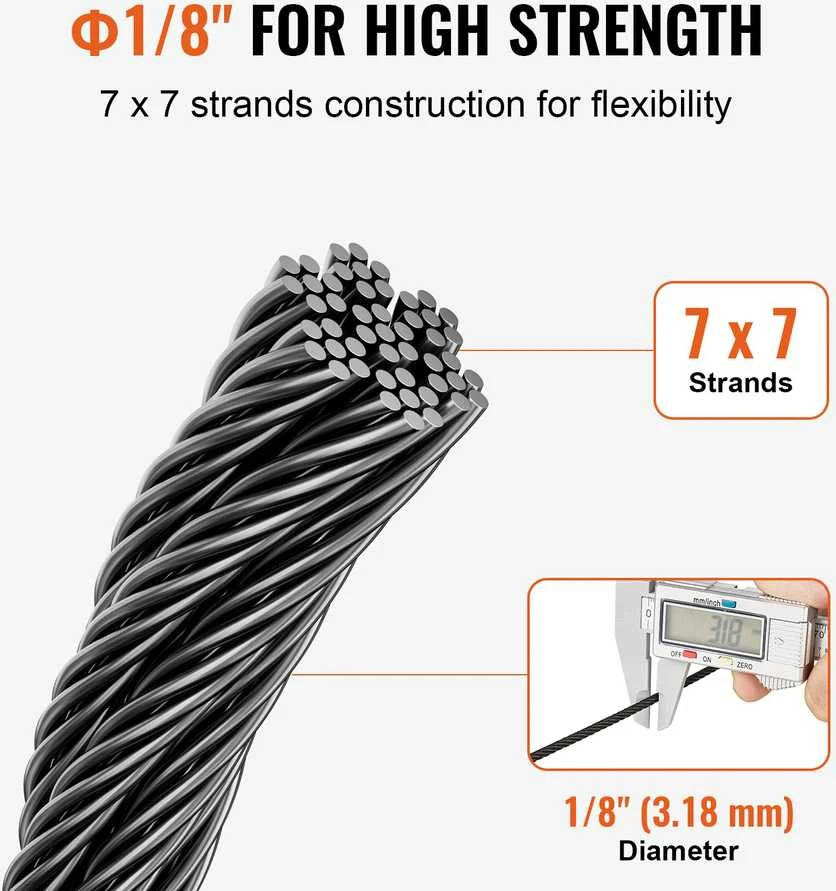 VEVOR Nerūdijančio plieno lynas 1/8" 7x7, 152.4 m