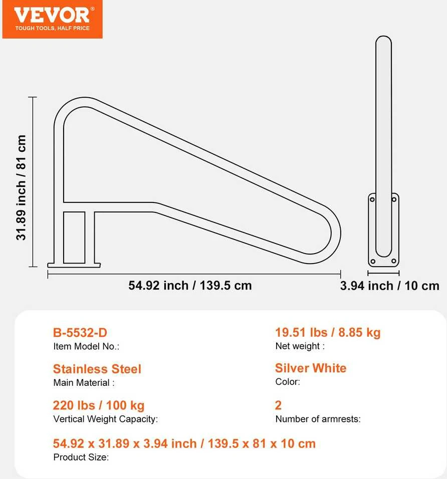 VEVOR Nerūdijančio plieno turėklai 1395 x 810 mm baseinams