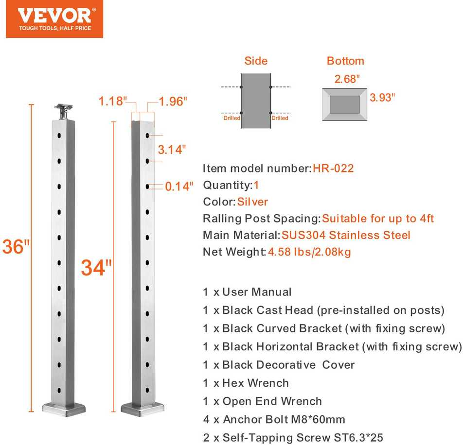 VEVOR nerūdijančio plieno turėklo stulpelis 91 cm