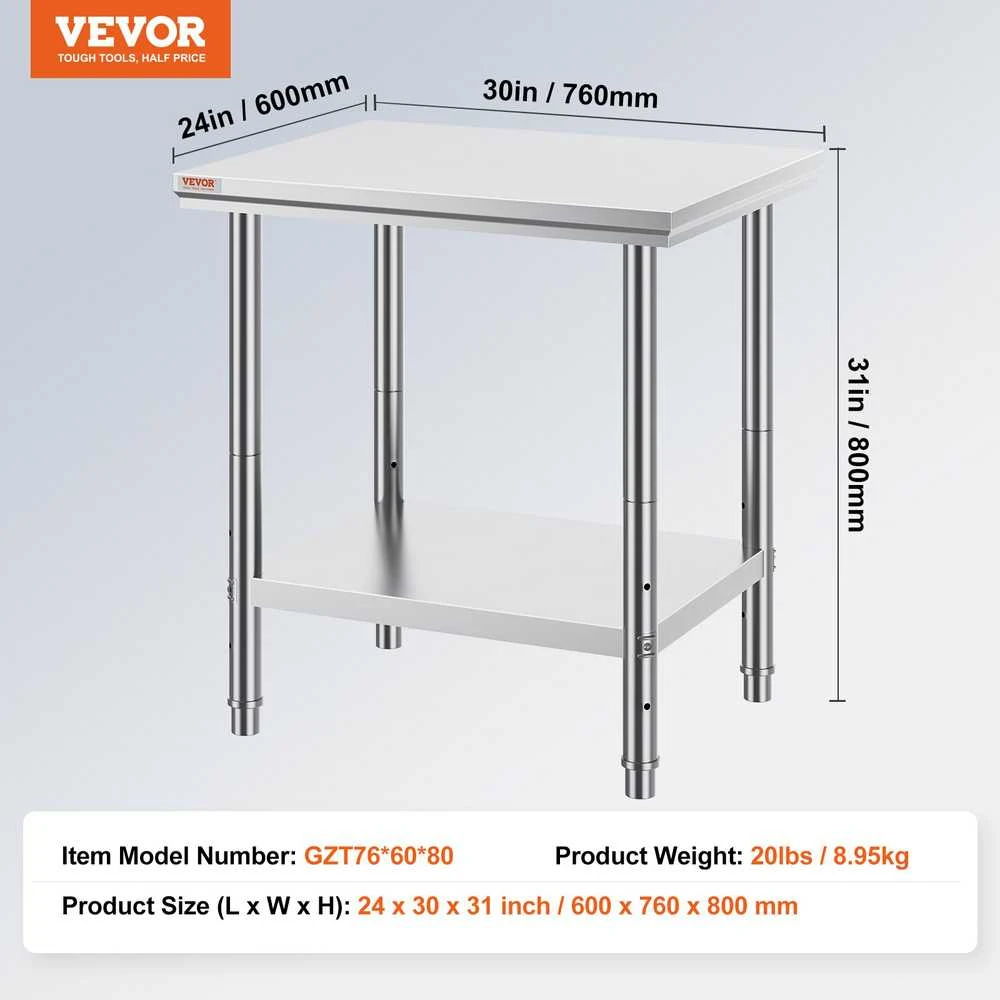 VEVOR Nerūdijančio plieno virtuvės darbo stalas 60x76x80 cm