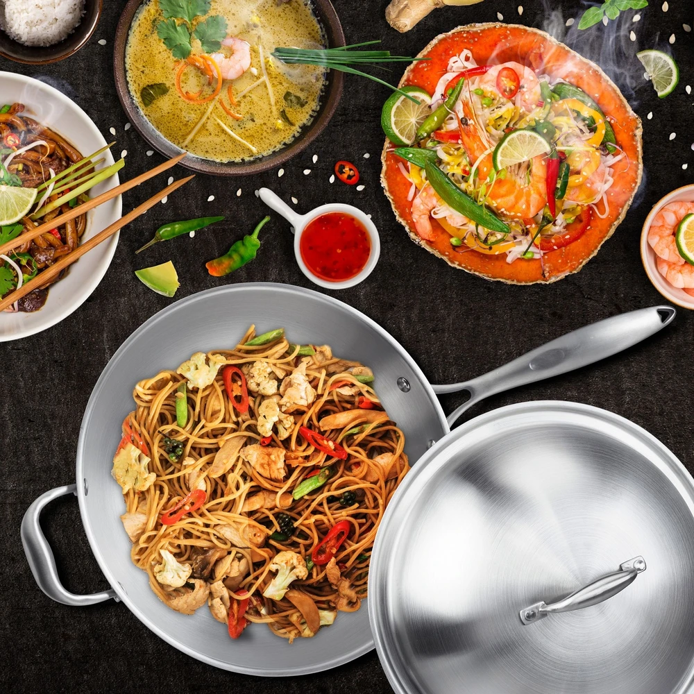 Relaxdays Nerūdijančio plieno wok keptuvė su dangčiu