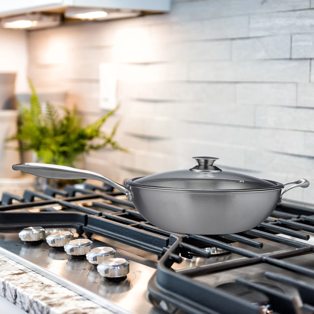 Relaxdays Nerūdijančio plieno wok keptuvė su stikliniu dangčiu