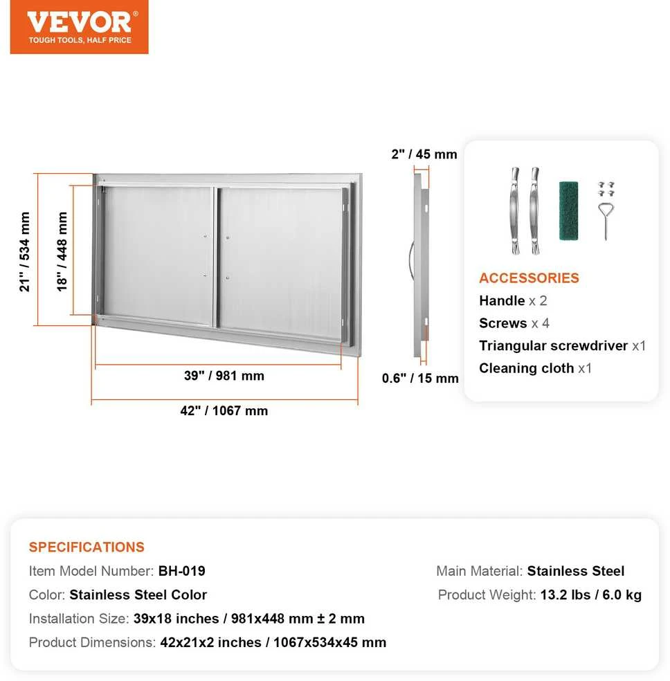 VEVOR Nerūdijančiojo plieno lauko durys 1067x534 mm