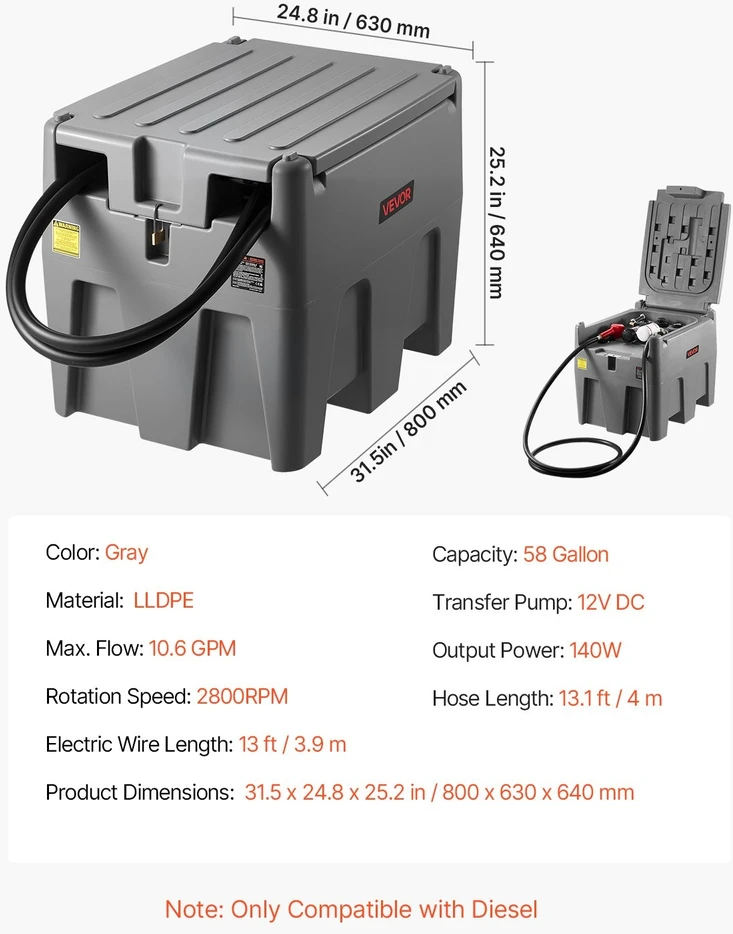 VEVOR Nešiojama dyzelino talpa 220 l su 12V siurbliu
