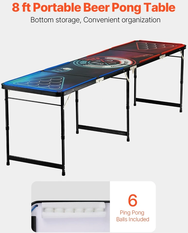 Nešiojamas 2,4 m beer pong stalas su LED
