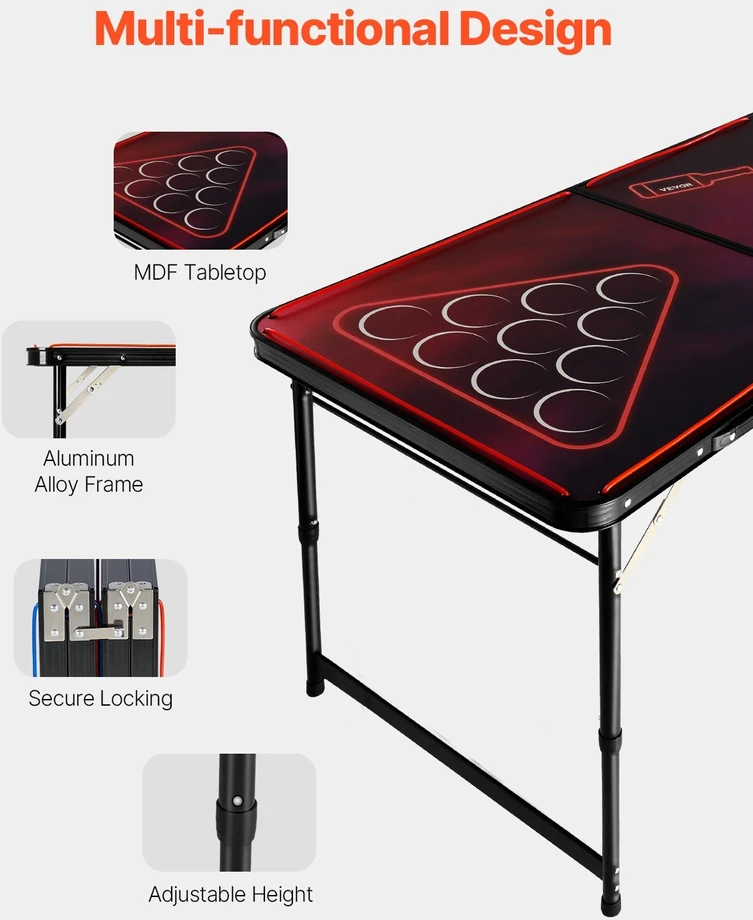 Nešiojamas 2,4 m beer pong stalas su LED